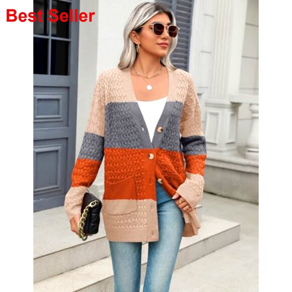 Long Sleeve Cable Knit Cardigan with Pockets Open Front Fall Sweater - Picture 2 of 7